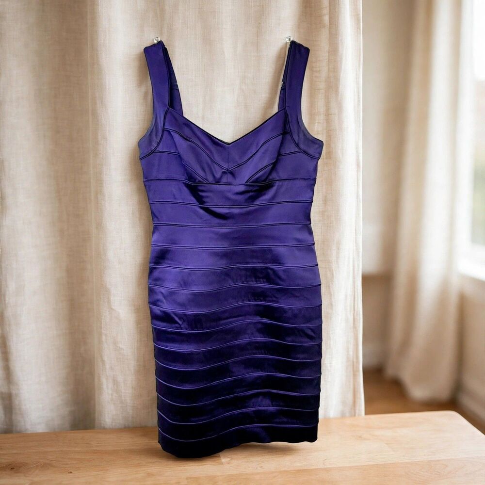 Lauren Ralph Lauren Purple Satin Cocktail Dress 12 Pleated Sleeveless Sheath - Picture 1 of 9